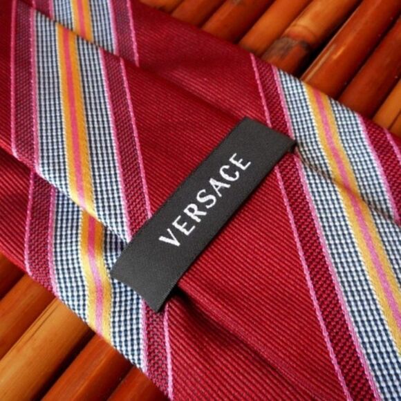 EUC VERSACE Multi-Colored Diagonal Striped 100% Silk with Blue Logo on Front Tie - Picture 1 of 11